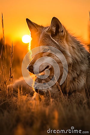 Adorable Gray wolf mother and baby pup resting in the grass at sunset. Amazing wildlife. Generative Ai Stock Photo