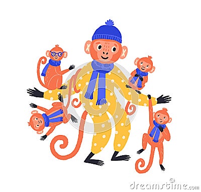 Adorable hand drawn monkey family in funny costume vector flat illustration. Cute cartoon wild animal father and many Vector Illustration