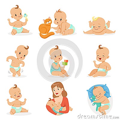 Adorable Happy Baby And His Daily Routine Set Of Cute Cartoon Infancy And Infant Illustrations Vector Illustration