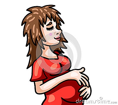 Adorable Happy Pregnant Young Woman Cartoon Illustration