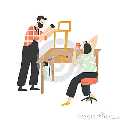 Adorable happy romantic couple creating or repairing furniture. Cute funny man and woman enjoying their hobby together Vector Illustration