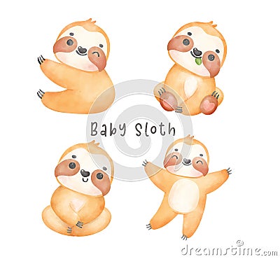 Adorable happy smile baby sloth cartoon watercolor nursery Illustration set Stock Photo