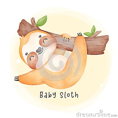 Adorable happy smile baby sloth hanging on tree cartoon watercolor nursery Illustration Stock Photo