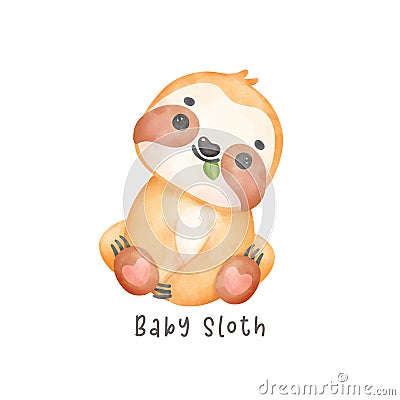 Adorable happy smile baby sloth sitting cartoon watercolor nursery Illustration Stock Photo