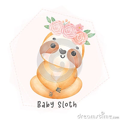 Adorable happy smile baby sloth sitting cartoon watercolor nursery Illustration Stock Photo