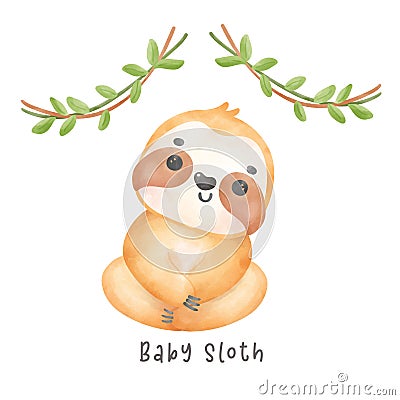 Adorable happy smile baby sloth sitting cartoon watercolor nursery Illustration Stock Photo