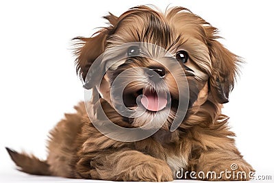 a reddish brown havanese puppy on white background Stock Photo