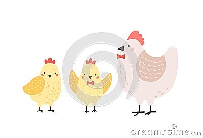 Adorable hen and chicks isolated on white background. Chicken with brood. Cute lovely family of domestic fowl or poultry Vector Illustration