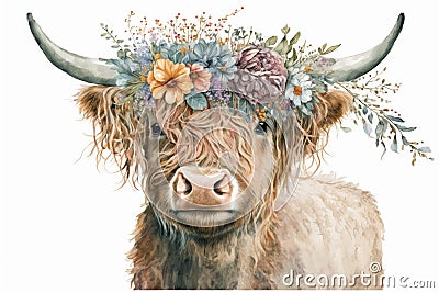 Adorable Highland Cow with Flower Crown Watercolor Illustration for Children's Books. Stock Photo