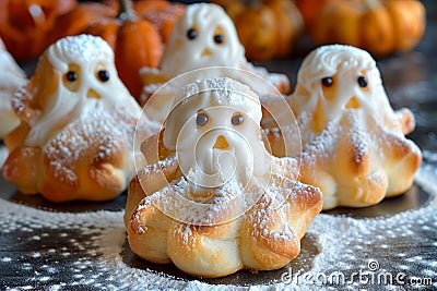 Adorable Homemade Ghost Shaped Halloween Treats on a Kitchen Table Dusting with Powdered Sugar Stock Photo