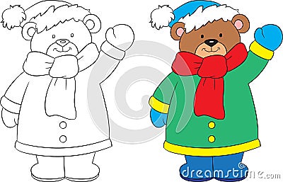 Before and after drawing of a cute little teddy bear, black and white and color, in winter, ideal for children`s coloring book Vector Illustration