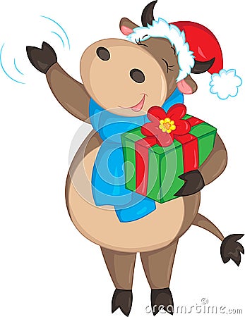 Adorable illustration of a cute cow, waving, dressed for Christmas, and holding a gift, for children`s book or Christmas card Vector Illustration