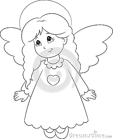 Illustration of an adorable little angel, dressed in a cute dress, in black and white, perfect for children`s coloring book Vector Illustration