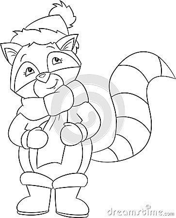 An illustration of a cute little raccoon, in winter, in black and white, perfect for children`s coloring book game Vector Illustration