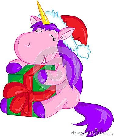 Adorable illustration of a cute little unicorn holding and hugging a Christmas present, beautifully colored, for children`s book Vector Illustration