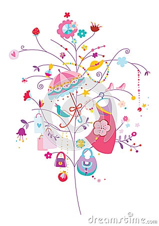 Wellbeing Tree with Fashion Elements Cartoon Illustration