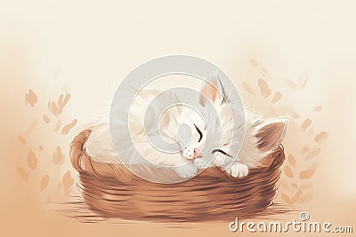 Adorable illustration of little kitten resting in wicker basket Cartoon Illustration