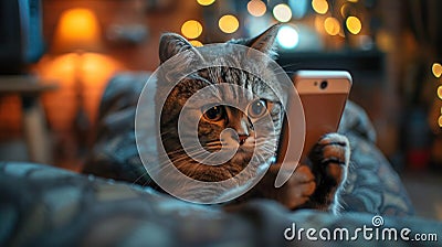 Cute Cat Using Smartphone to Browse Internet and Look at Camera Stock Photo