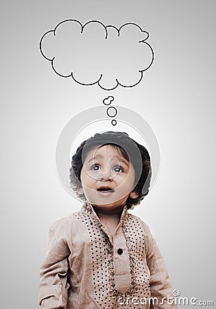 Adorable Intelligent Little Boy Thinking Empty Cloud - Chalk Boa Stock Photo