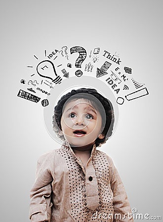 Adorable Intelligent Little Boy Thinking Process - Chalk Board Stock Photo