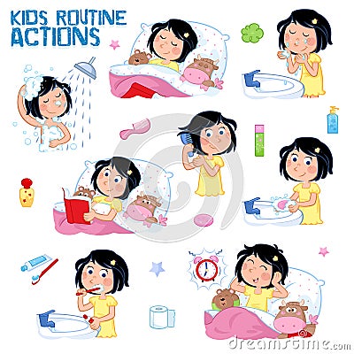 Daily routine of a little girl with dark hair - Set of eight good morning and good night routine actions Cartoon Illustration