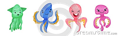 Adorable Jellyfish and Squid Characters Isolated on White Background Vector Set Vector Illustration