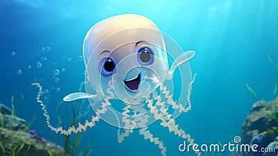 Adorable Jellyfish Swim in the Azure Ocean Depths: A Kid-Friendly, Full Illustration Stock Photo