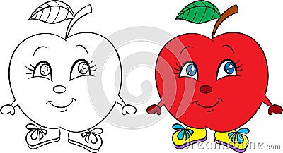 Before and after kawaii drawing of a cute little apple, happy, with shoes, in color and contour, for children`s coloring book Vector Illustration