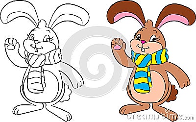 Before and after kawaii drawing of a cute little bunny rabbit, waving at you, with a scarf, for children`s coloring book Vector Illustration