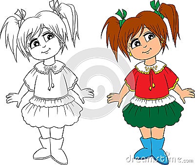 Adorable before and after Kawaii illustration of a little girl, in contour and in color, perfect for children`s coloring book Vector Illustration