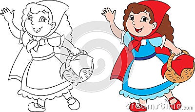 Adorable Kawaii before and after illustration of little red riding hood, in contour and color perfect for children`s coloring book Vector Illustration