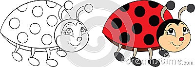 Before and after, contour and color kawaii drawing of a little ladybug for children`s coloring book or coloring game Vector Illustration