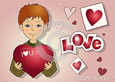Cute boy holding a Love heart Happy Valentine's Day background Vector Illustration