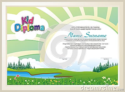 Adorable kid diploma with nature landscape Stock Photo