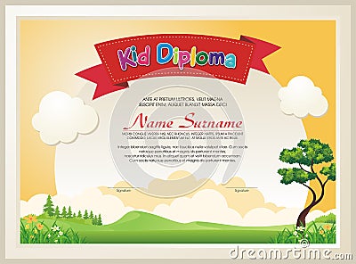 Adorable kid diploma with nature landscape Stock Photo