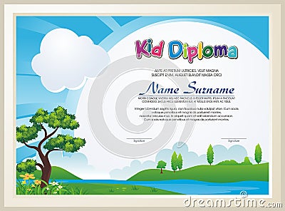 Adorable kid diploma with nature landscape Stock Photo
