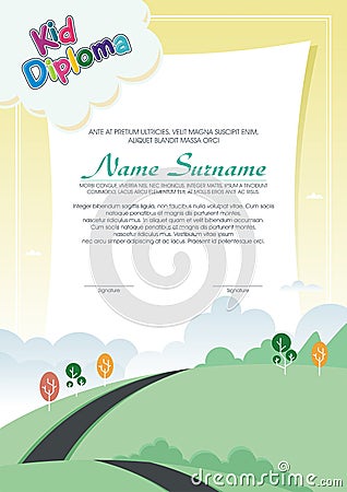 Adorable kid diploma with nature landscape Stock Photo