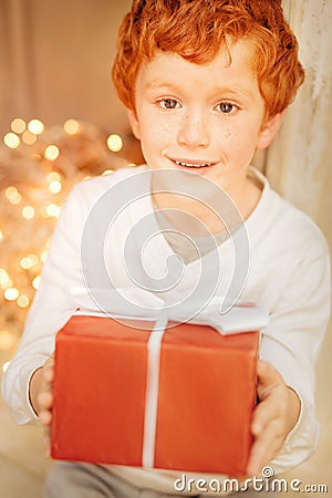 Adorable kid holding his precious christmas present Stock Photo