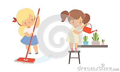 Adorable Kids Doing Housework and Housekeeping Watering Flower and Mopping the Floor Vector Set Vector Illustration