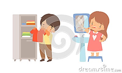 Adorable Kids Folding Clothes in Wardrobe and Brushing Teeth Vector Set. Vector Illustration