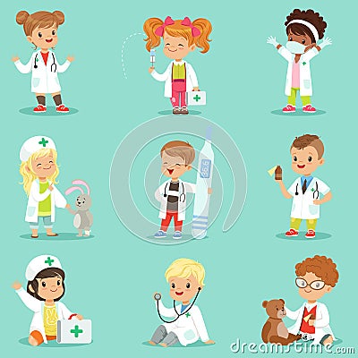 Adorable kids playing doctor set. Smiling little boys and girls dressed Vector Illustration