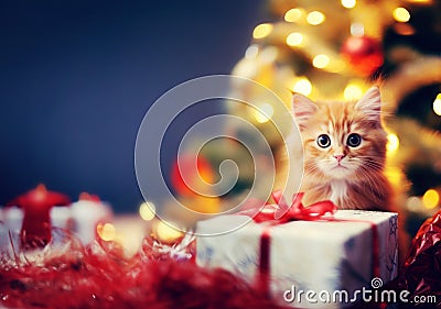 Adorable kitten, cat peeping out from Christmas gift present. Copyspace Stock Photo