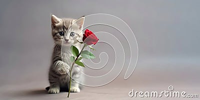 Adorable Kitten Embraces Romance with a Red Rose Stock Photo