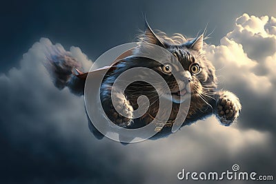 Adorable kitten flying like a superhero - Generative AI Stock Photo
