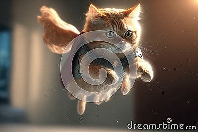 Adorable kitten flying like a superhero - Generative AI Stock Photo
