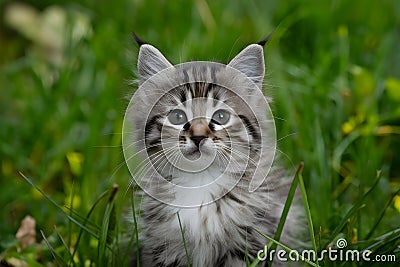 Adorable kitten gazes curiously at camera in outdoor setting Stock Photo