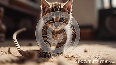 A playful kitten chasing a string across the floor created with Generative AI Stock Photo