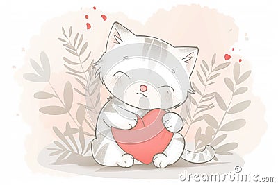 Adorable kitten holding a heart for valentine's day celebration. AI Stock Photo