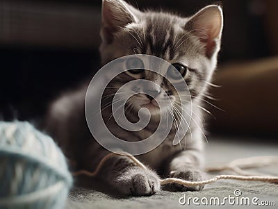 A playful kitten chasing a ball of yarn created with Generative AI Stock Photo