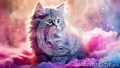 Adorable kitten resting in dreamy colorful clouds Stock Photo